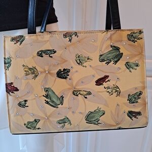 FROGS Multicolored & Multi Species Print Tote On Yellow Canvas w/ Black Handles